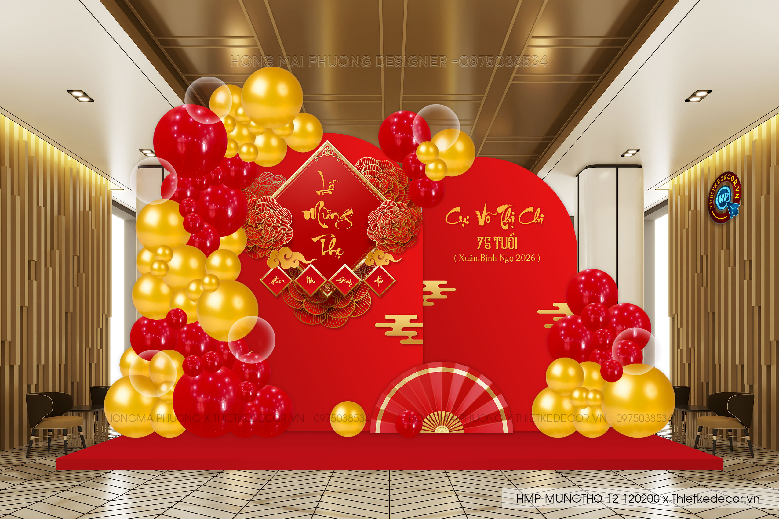 File thiết kế trang trí tiệc mừng thọ tone đỏ vàng sang trọng